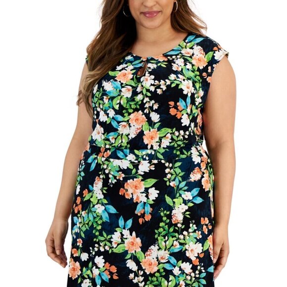 KASPER Plus Size Floral-Print Keyhole Cap Sleeve Stretchy Top NWT - Picture 1 of 4